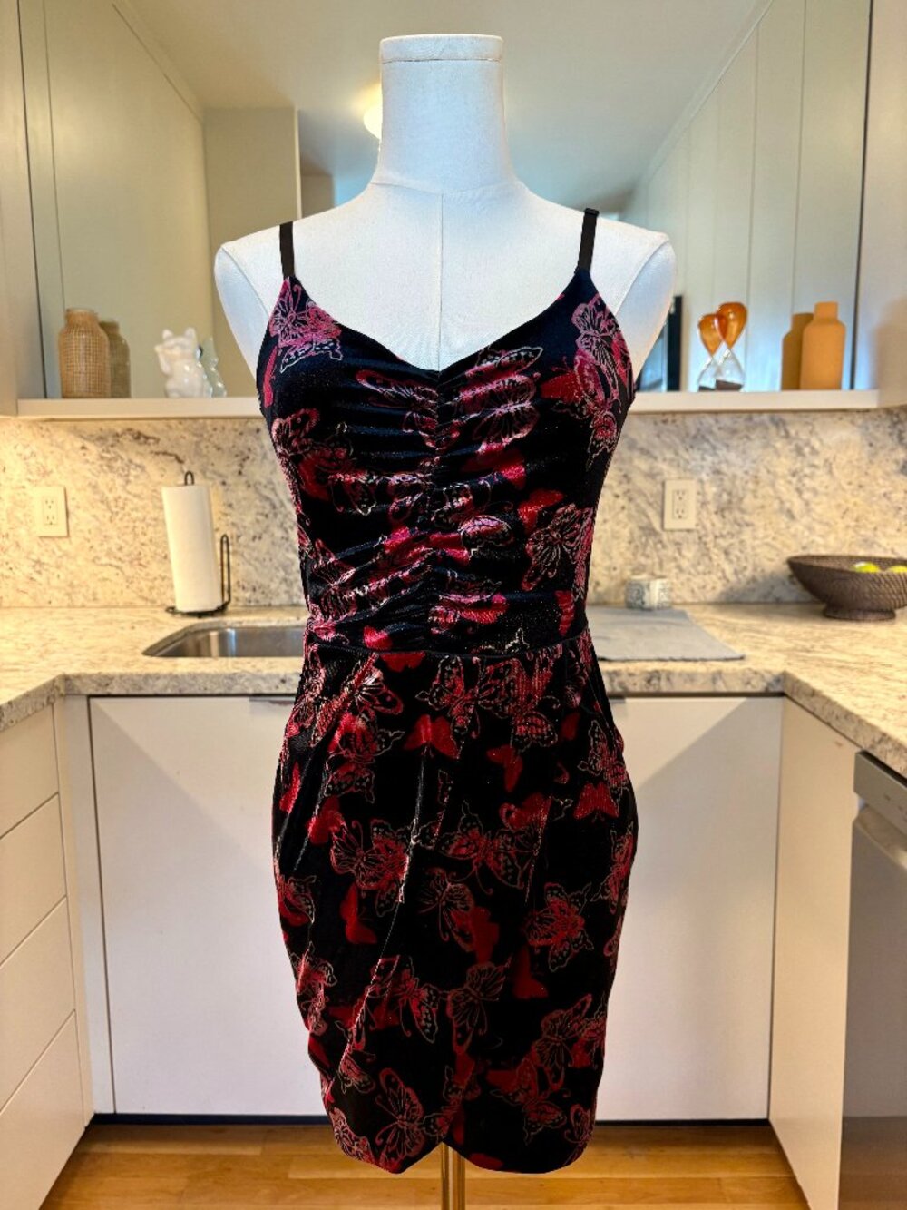 Solemio Velvet Butterfly Ruched Mini Dress - Size S